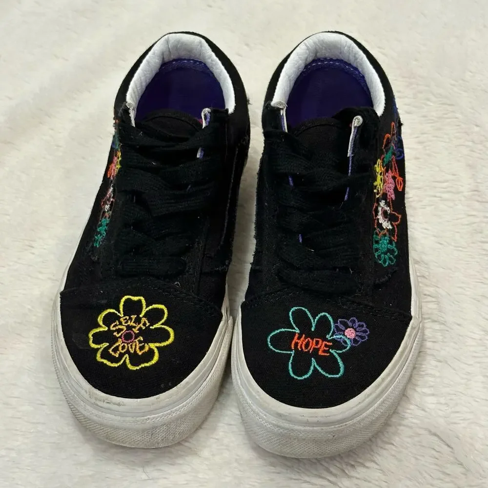 VANS Old Skool Black Self Love Sneakers sz 12 kids embroidered Vans Low Top